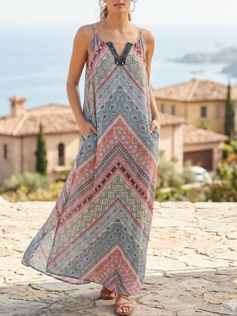 NY Collection Maxi Dress Geometric Chevron‎ Print Boho Resortwear Chic XL